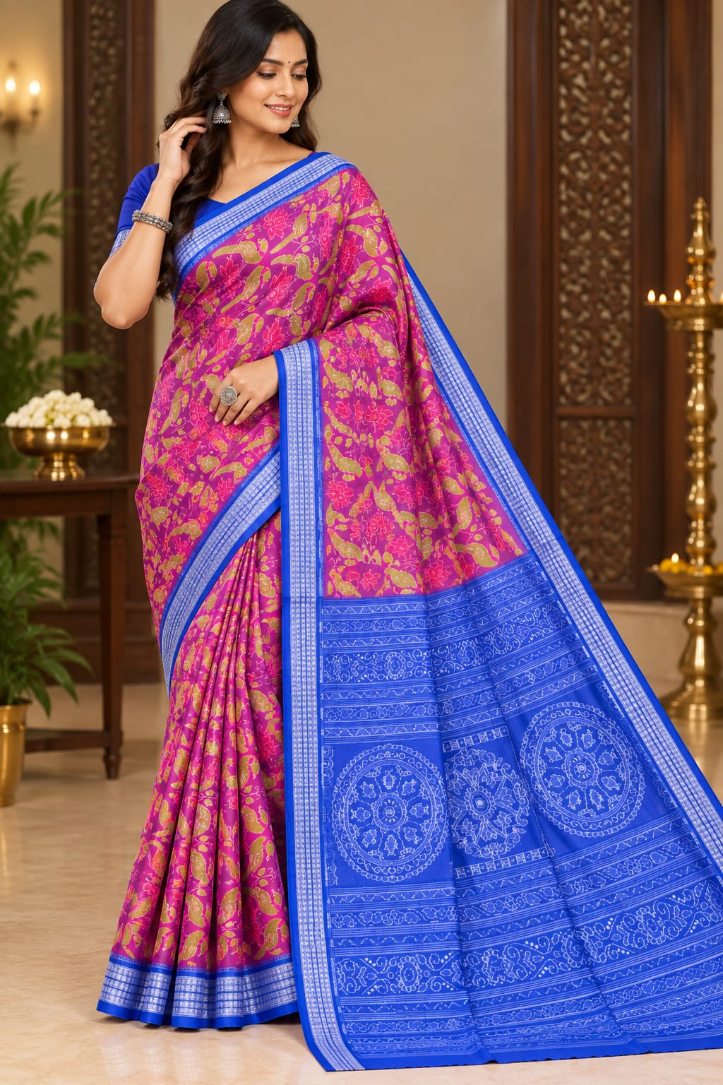 Magenta Blue Lotus And Parrot Design Sambalpuri Silk Saree