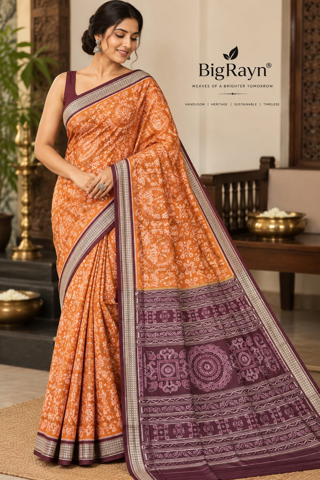 Orange Coffee Laxmi Pada And Jhoti Design Sambalpuri Silk Saree