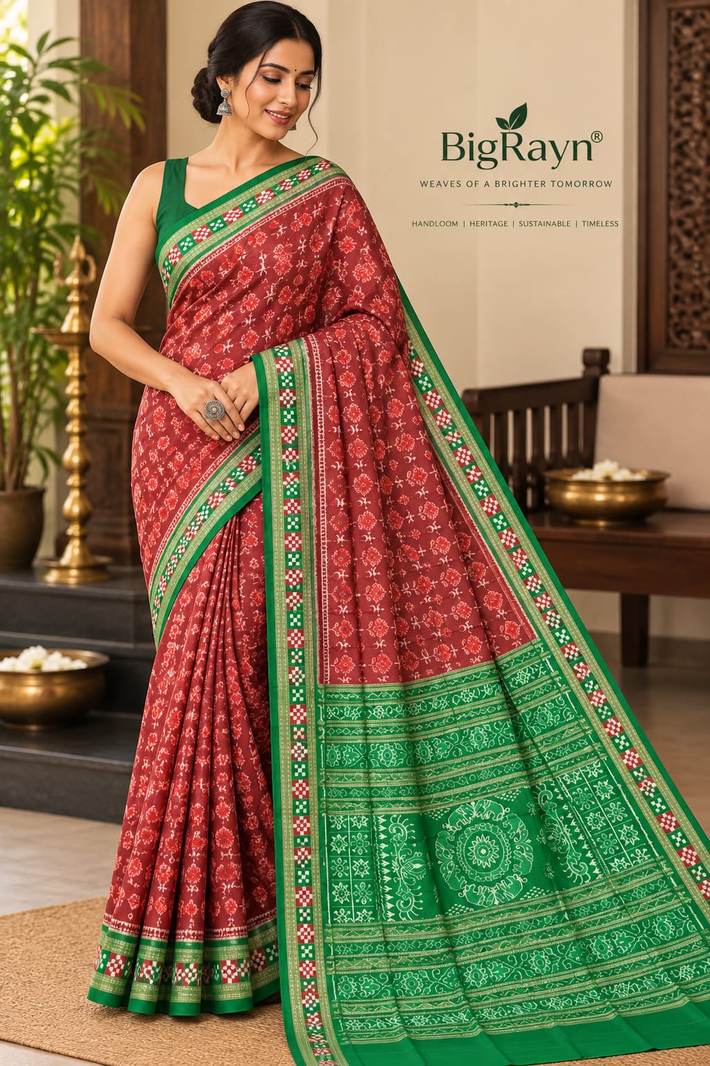 Brick Red Green tribal and Flower Design With Pasapali Border Sambalpuri Silk Saree
