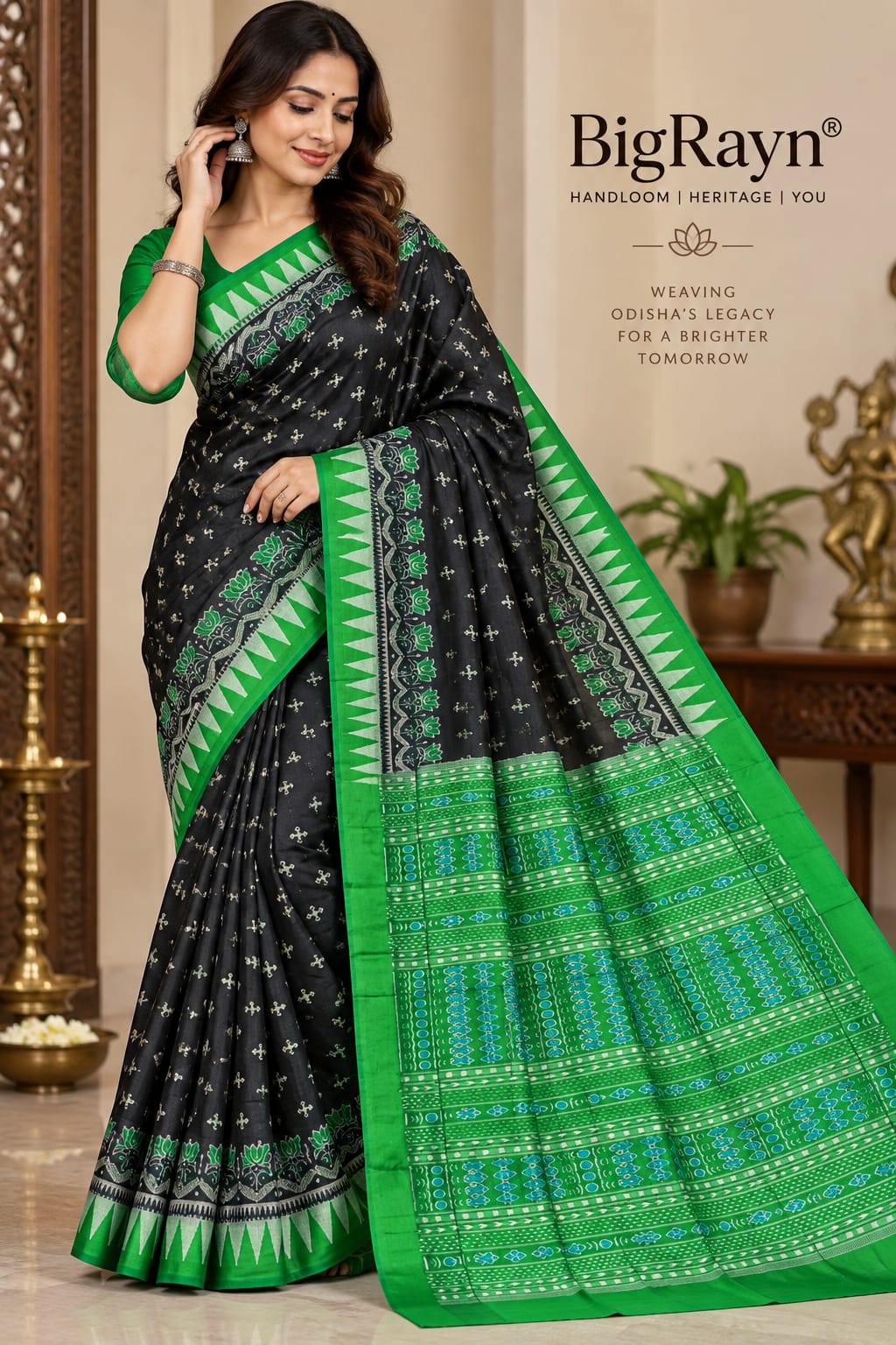 Black Green Tribal Design Sambalpuri Silk Saree