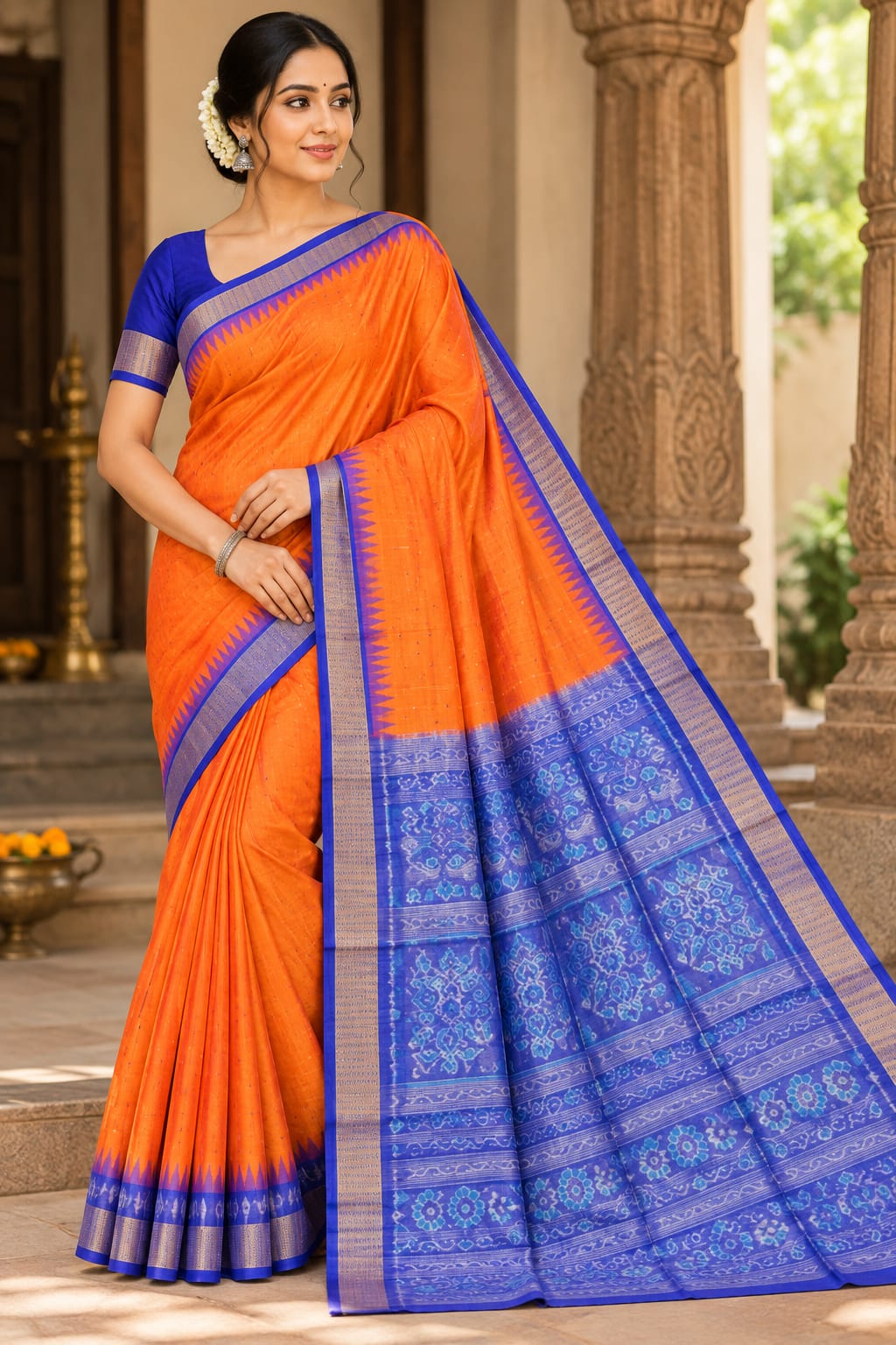 Mandarin Orange and Royal Blue Handwoven Bomkai Half Tissue Silk Saree