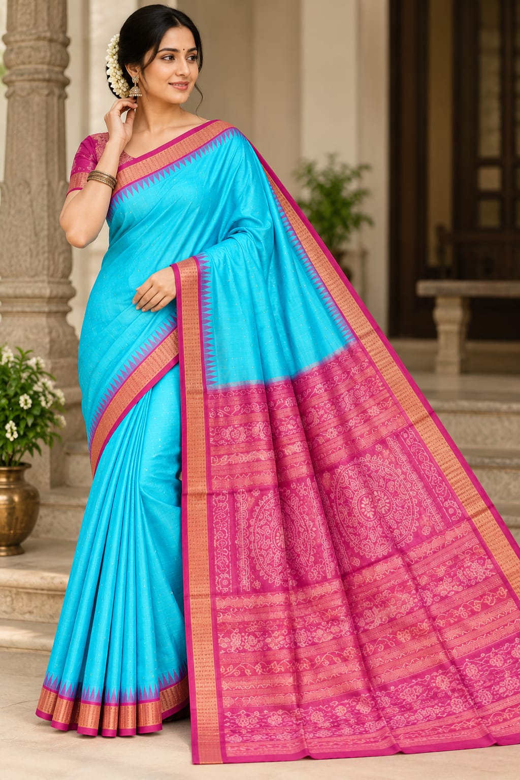 Sky Blue and Rani Pink Handwoven Sambalpuri Bomkai Silk Saree