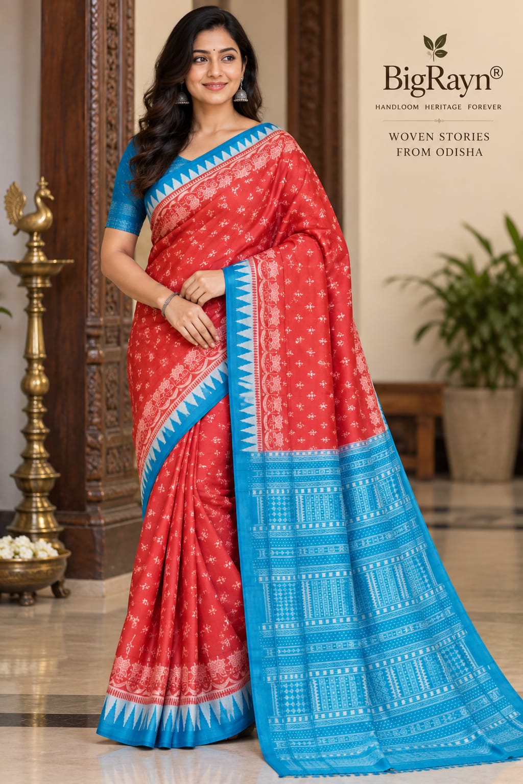 Crimson Red & Turquoise Blue Handwoven Sambalpuri Silk Saree with Tribal Elements and Kalash Motifs