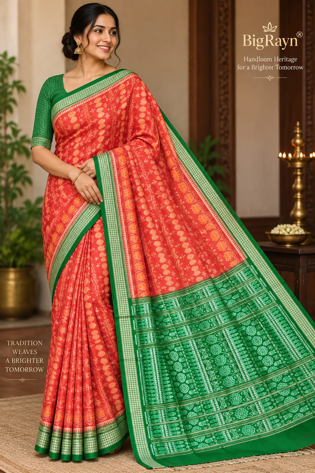 Orange Green Tribal And Tree Scot Lotus Design Sambalpuri Silk Saree