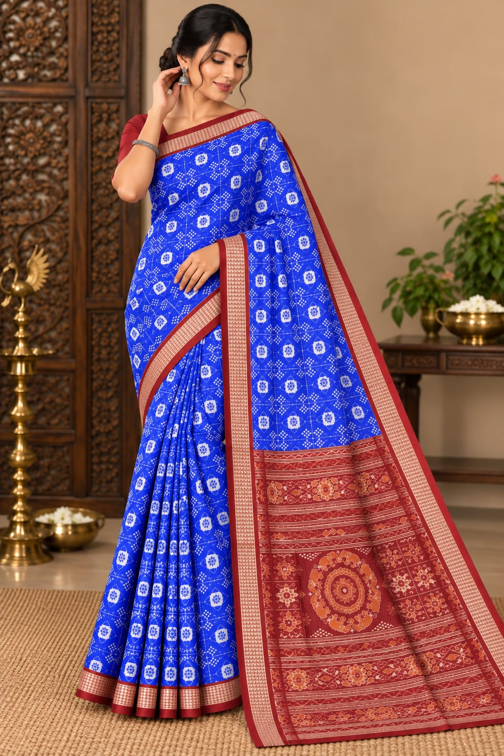 Blue Maroon Mini Pasapali With Flower Design Sambalpuri Silk Saree