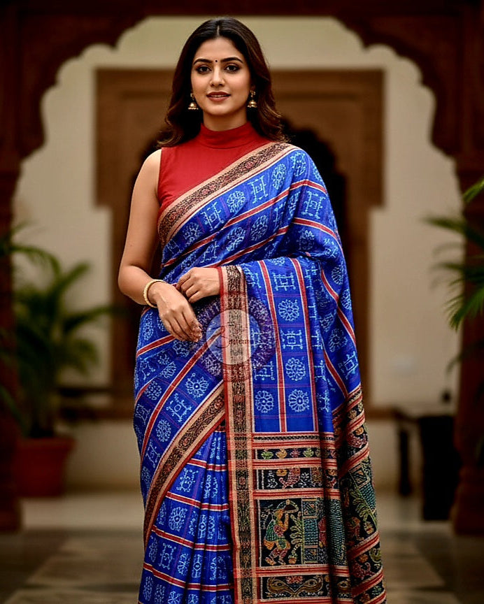 Blue Red Nabakothi Design Khandua Silk Saree