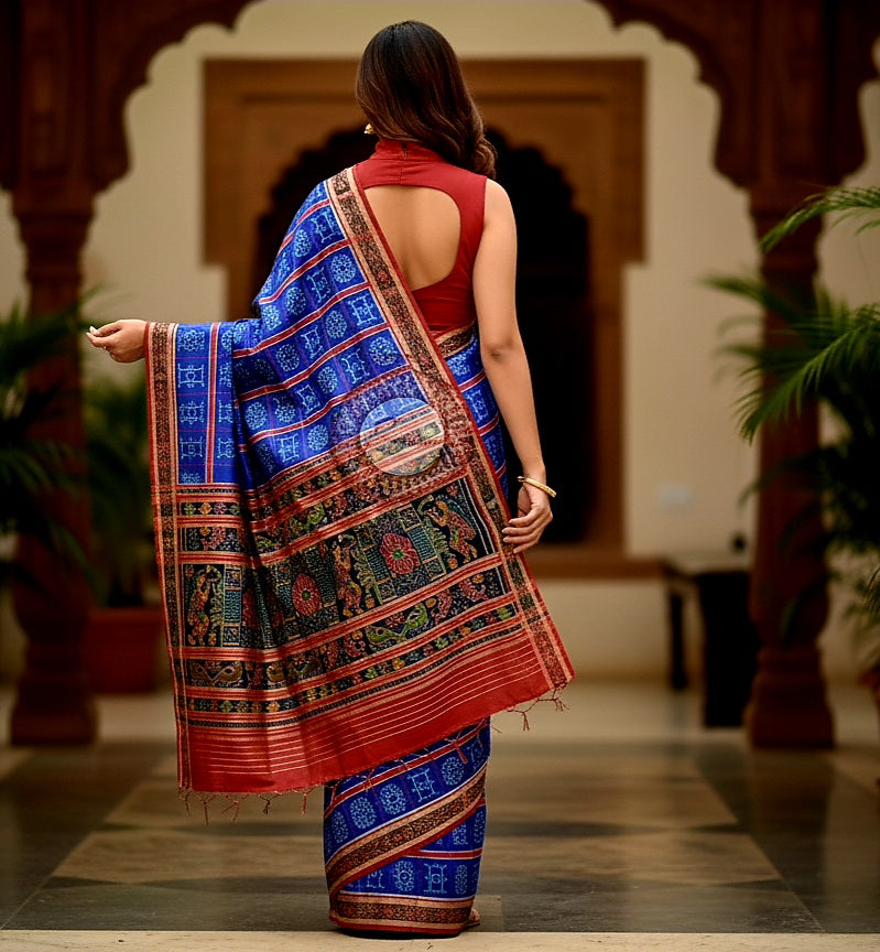 Blue Red Nabakothi Design Khandua Silk Saree