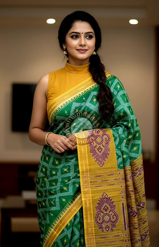 Green Yellow Tarabali Design Khandua Silk Saree