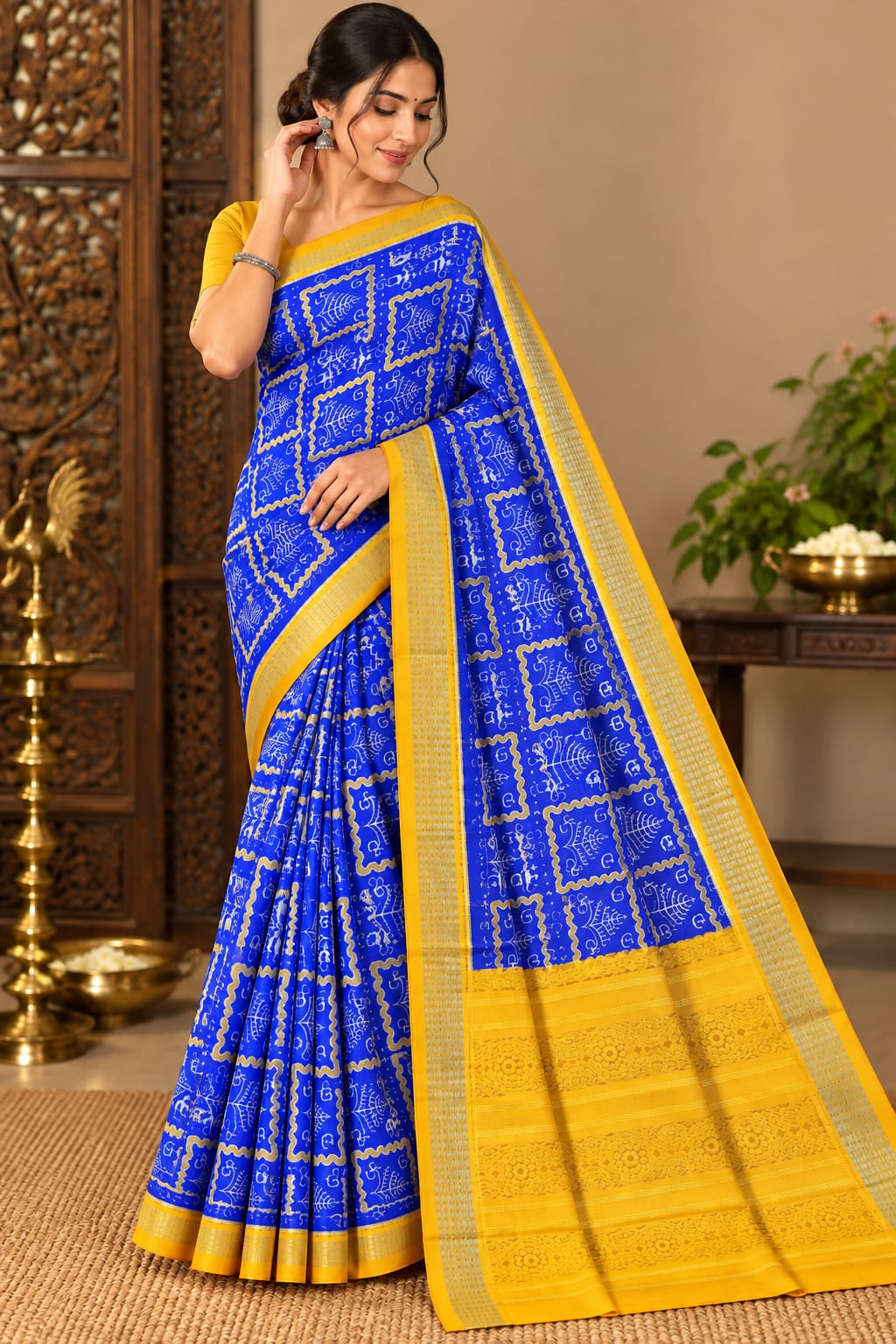Blue Yellow Tribal And Tree Design Sambalpuri Silk Saree