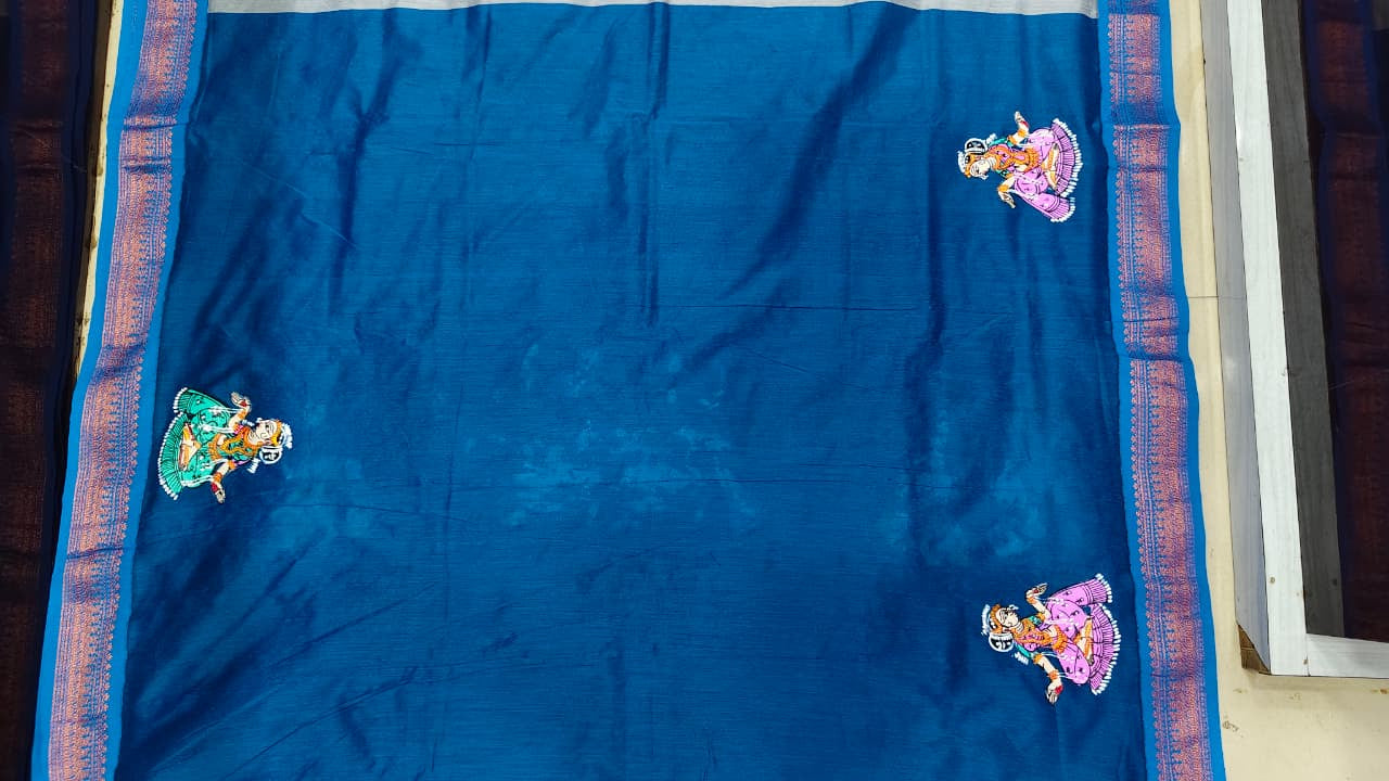Grey Blue Raja Doli Theme Pattachitra South Cotton Saree