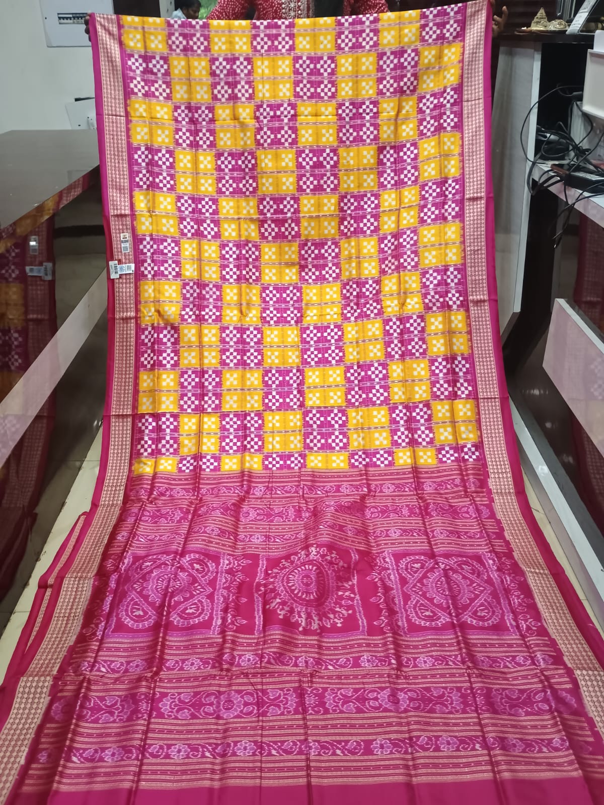 Yellow and Rani Pink Pasapali Design Sambalpuri Silk Saree
