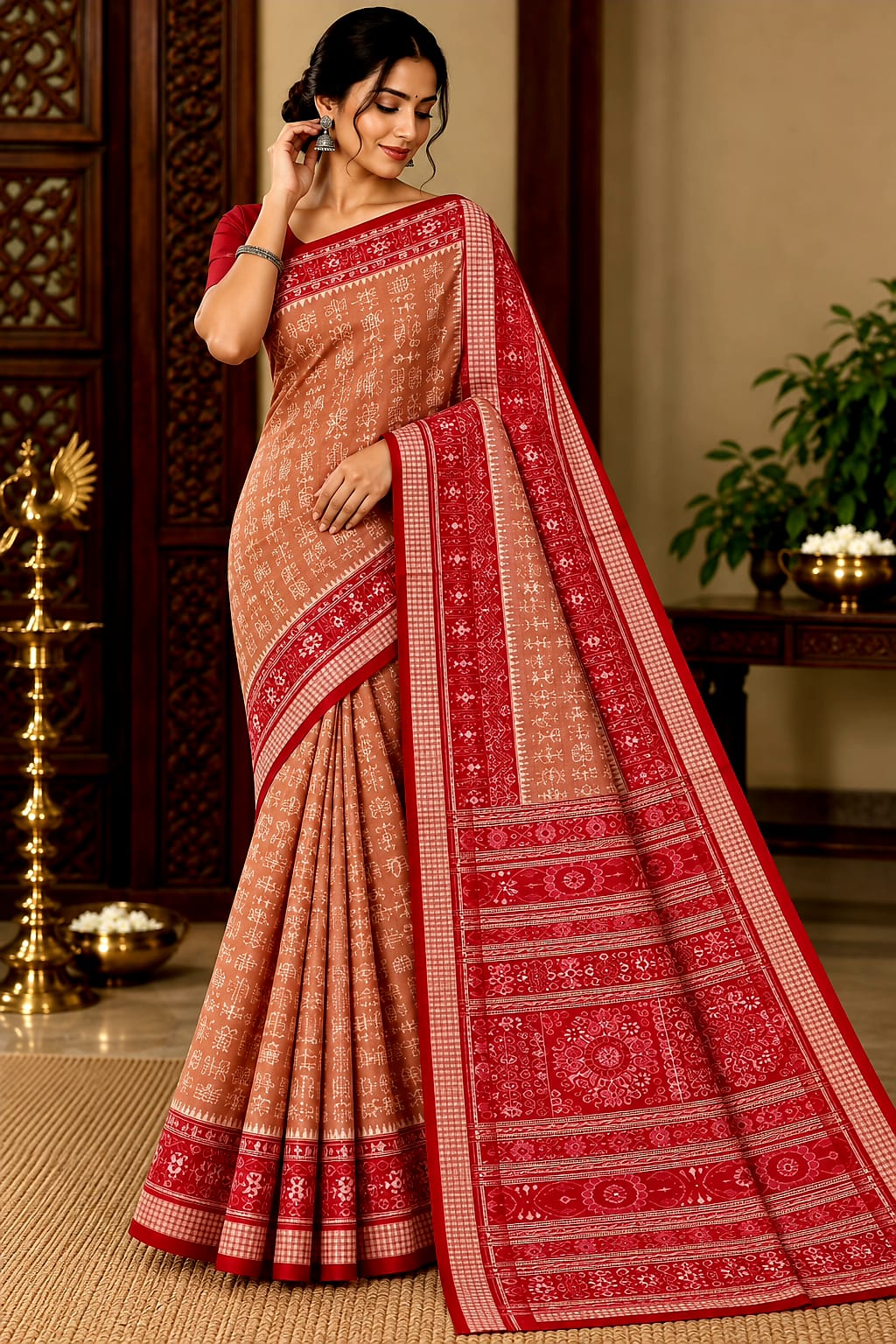 Peach & Crimson Red Handwoven Sambalpuri Silk Saree with Temple Borders and Jhoti Pallu