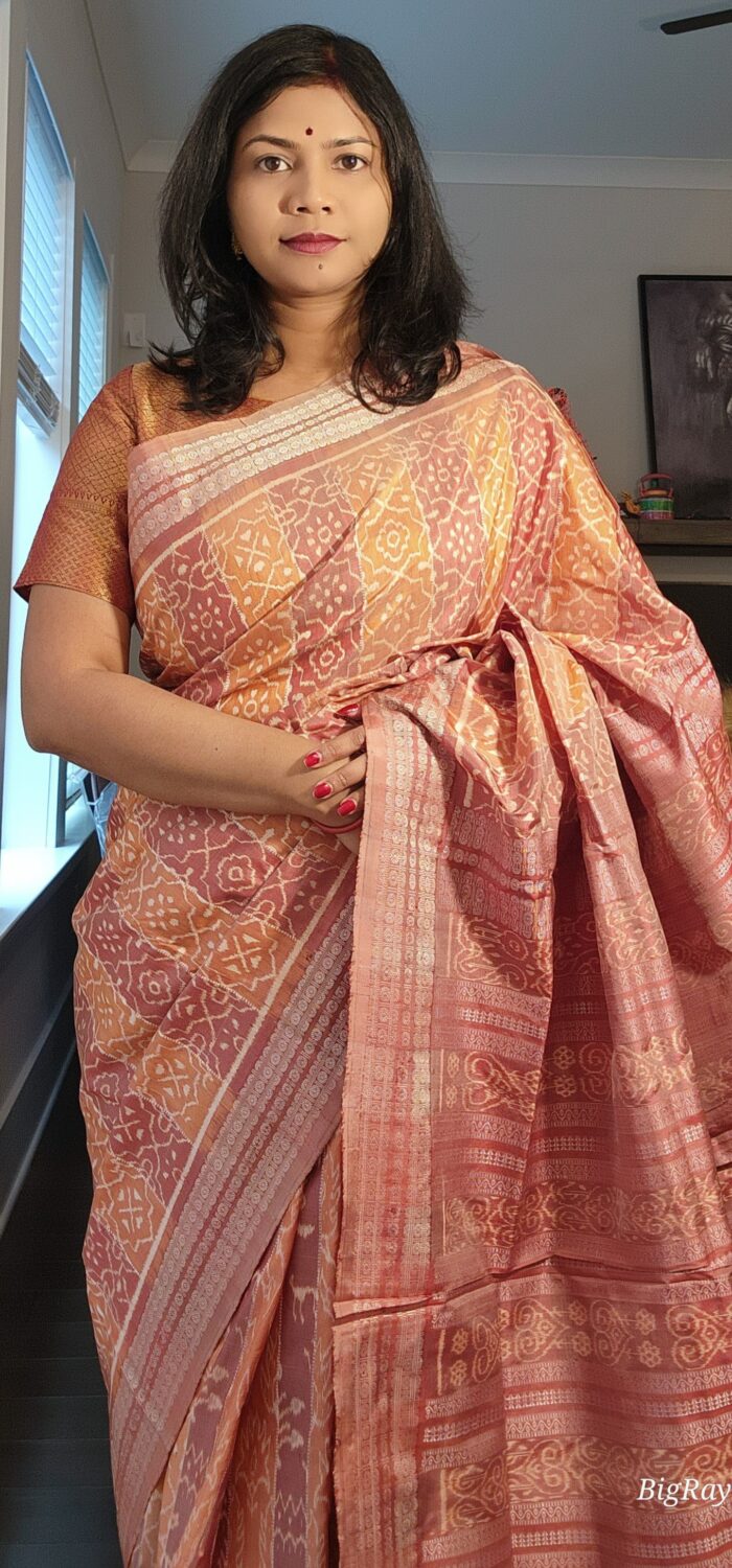 Rust True Pink Scot Flower Design Natural Dye Sambalpuri Silk Saree