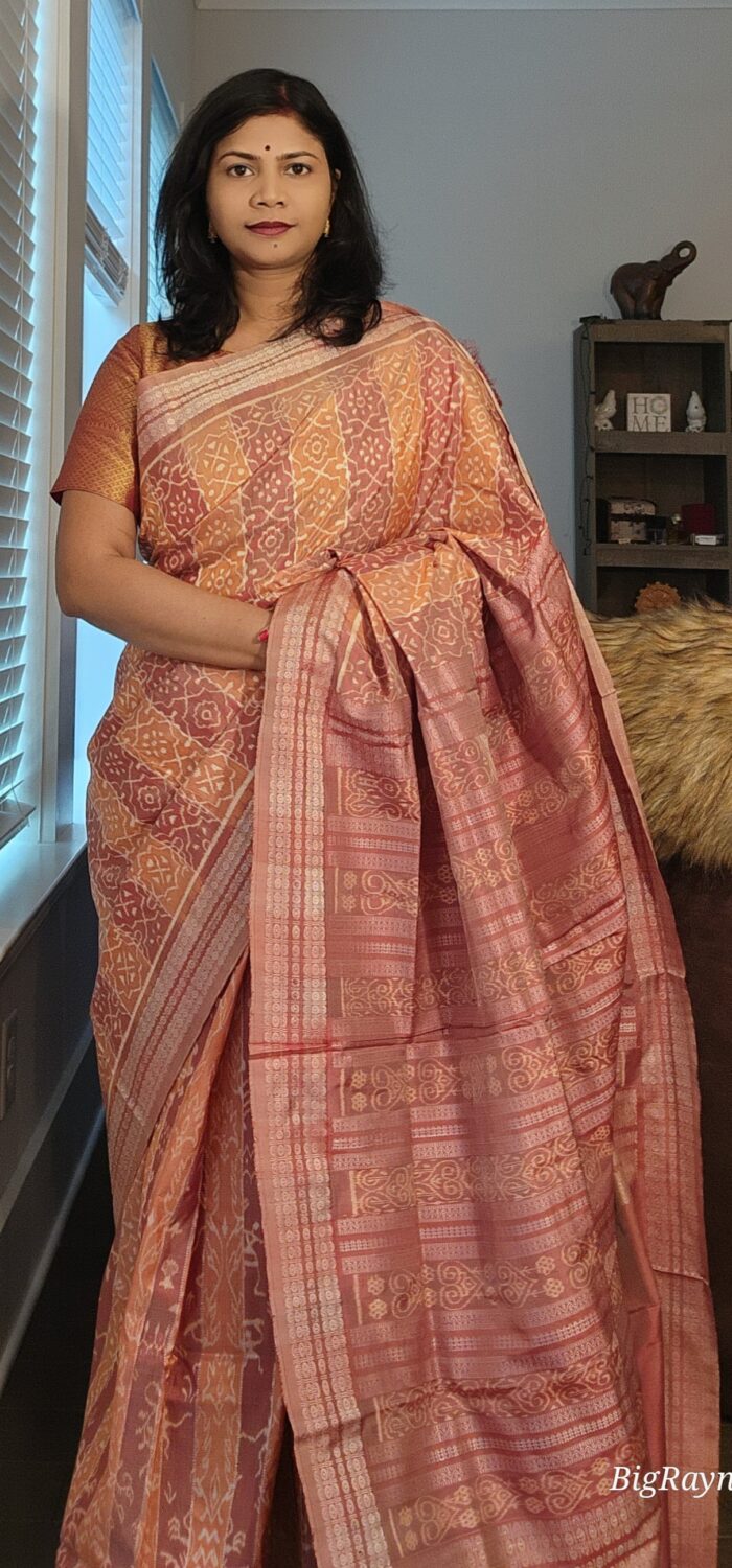 Rust True Pink Scot Flower Design Natural Dye Sambalpuri Silk Saree