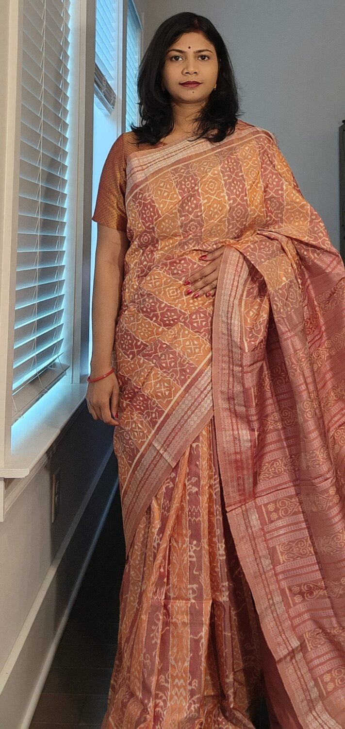 Rust True Pink Scot Flower Design Natural Dye Sambalpuri Silk Saree