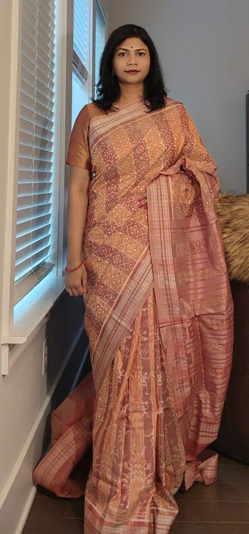 Rust True Pink Scot Flower Design Natural Dye Sambalpuri Silk Saree