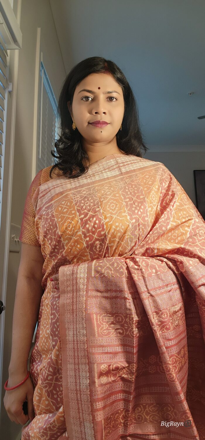 Rust True Pink Scot Flower Design Natural Dye Sambalpuri Silk Saree