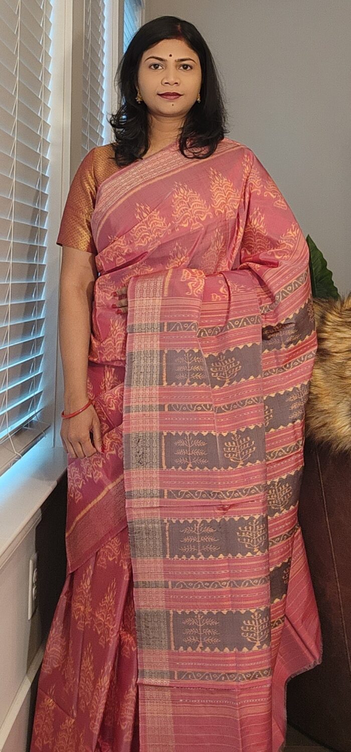Onion Pink Tree Natural Dye Sambalpuri Silk Saree