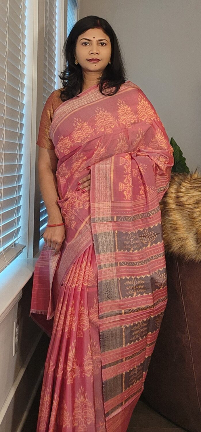 Onion Pink Tree Natural Dye Sambalpuri Silk Saree