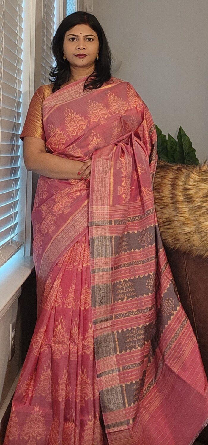 Onion Pink Tree Natural Dye Sambalpuri Silk Saree