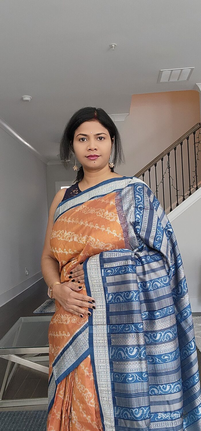 Rust Indigo Blue Lata Design Natural Dye Sambalpuri Silk Saree
