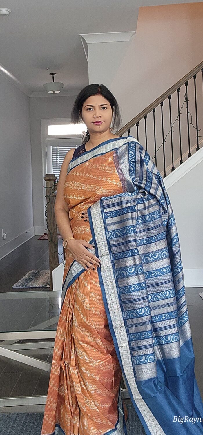 Rust Indigo Blue Lata Design Natural Dye Sambalpuri Silk Saree
