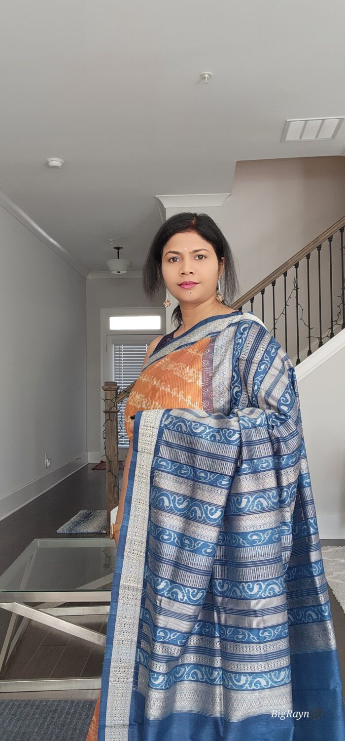 Rust Indigo Blue Lata Design Natural Dye Sambalpuri Silk Saree