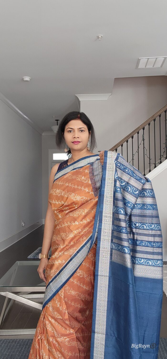Rust Indigo Blue Lata Design Natural Dye Sambalpuri Silk Saree