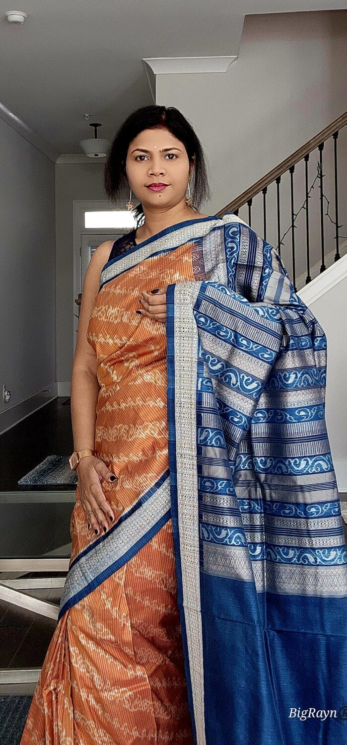 Rust Indigo Blue Lata Design Natural Dye Sambalpuri Silk Saree