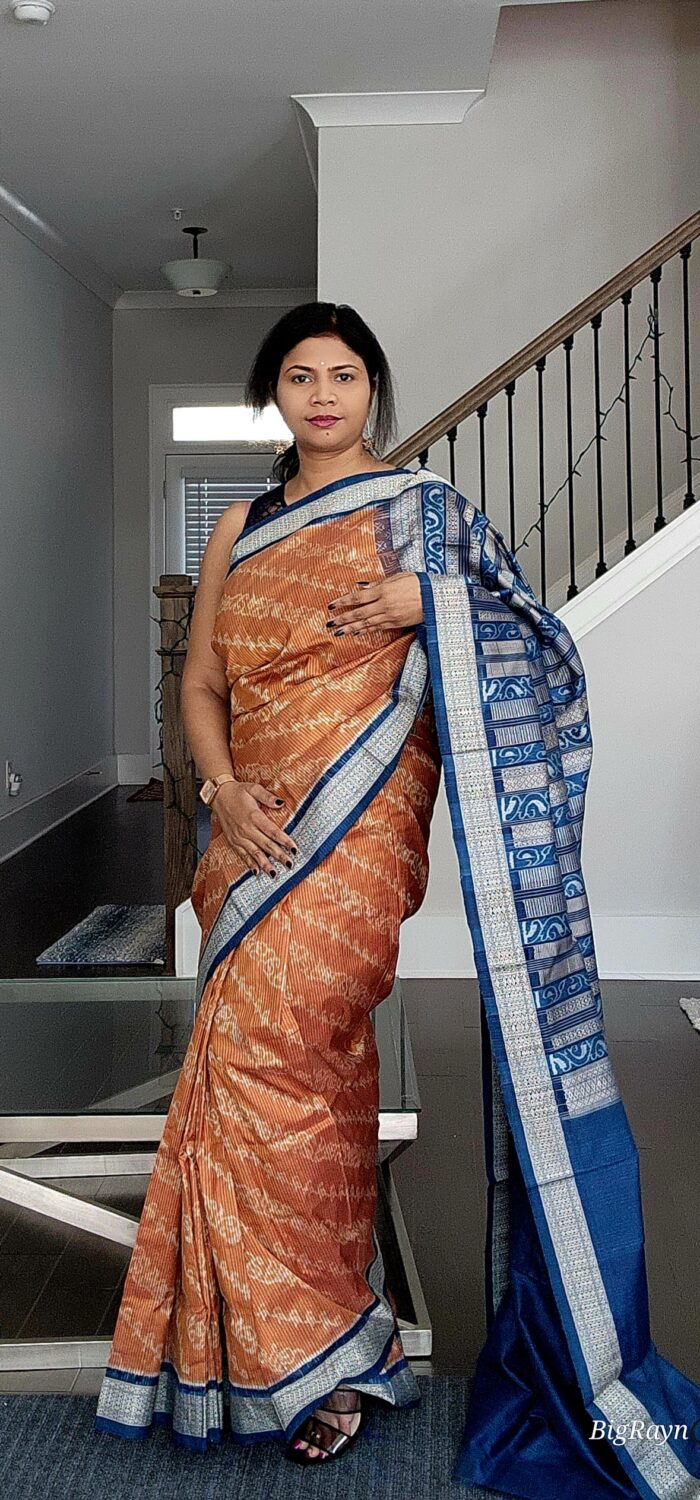 Rust Indigo Blue Lata Design Natural Dye Sambalpuri Silk Saree