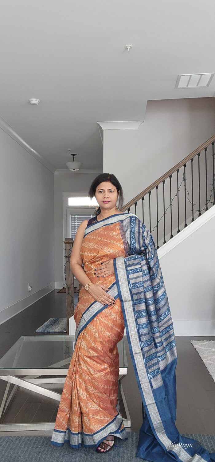 Rust Indigo Blue Lata Design Natural Dye Sambalpuri Silk Saree
