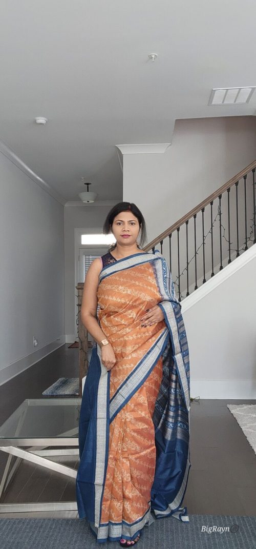 Rust Indigo Blue Lata Design Natural Dye Sambalpuri Silk Saree
