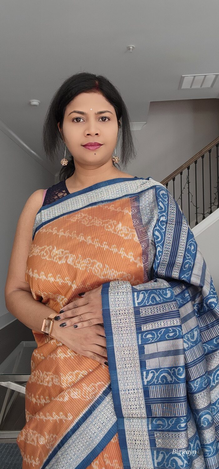 Rust Indigo Blue Lata Design Natural Dye Sambalpuri Silk Saree