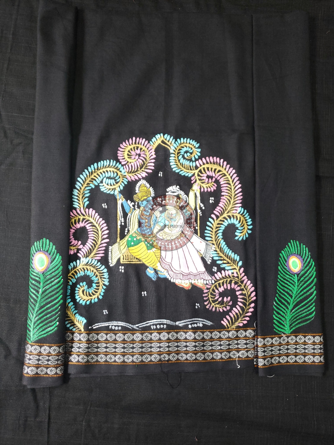 Black Radha Krishna Doli Pattachitra Cotton Blouse Piece