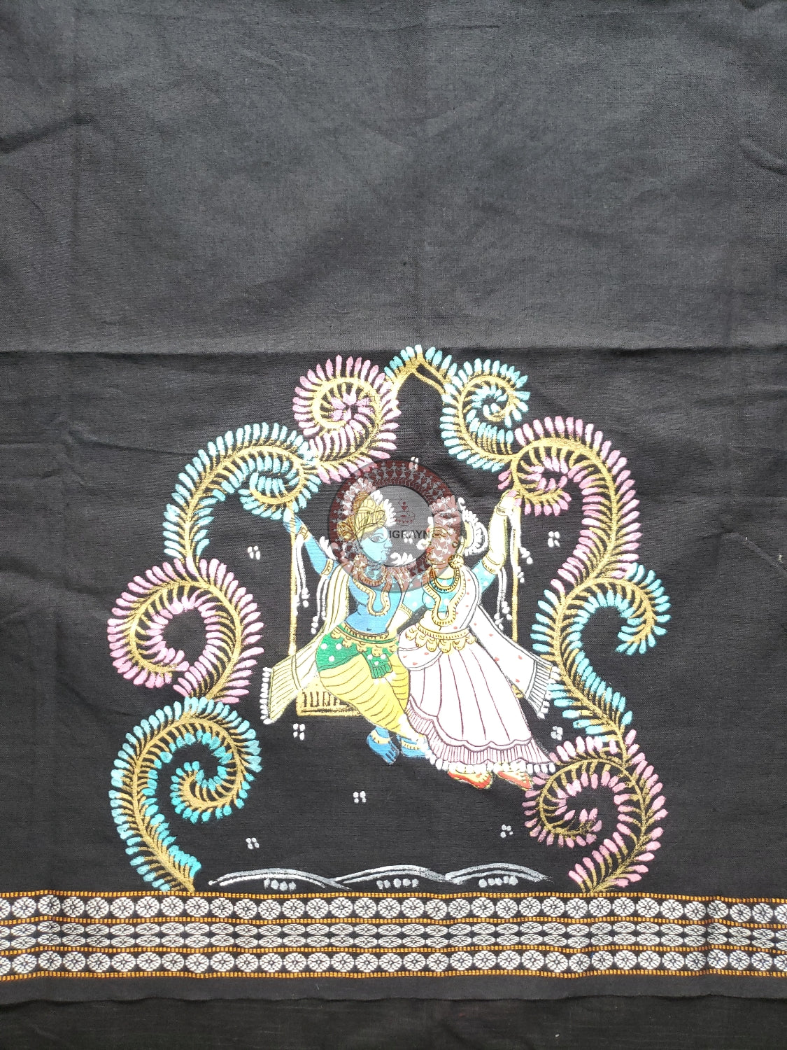 Black Radha Krishna Doli Pattachitra Cotton Blouse Piece
