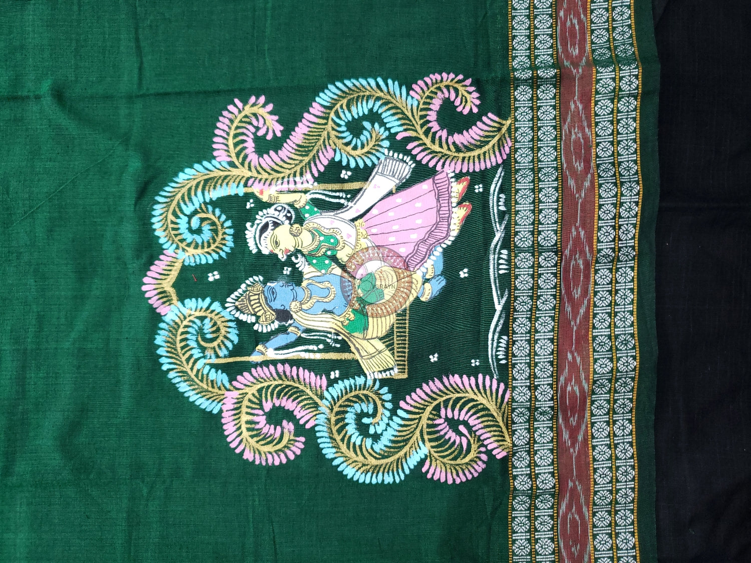 Green Radha Krishna Doli Pattachitra Cotton Blouse Piece