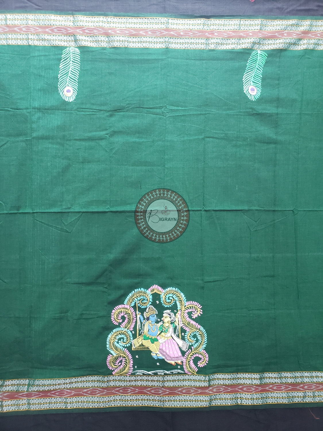 Green Radha Krishna Doli Pattachitra Cotton Blouse Piece