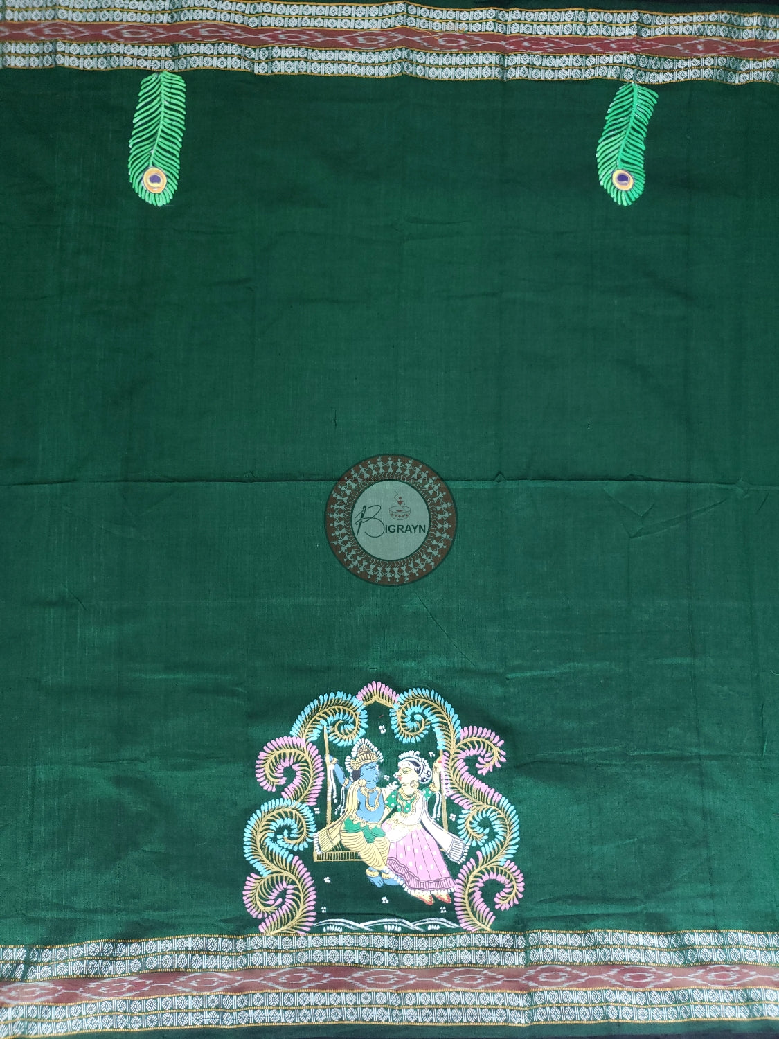 Green Radha Krishna Doli Pattachitra Cotton Blouse Piece