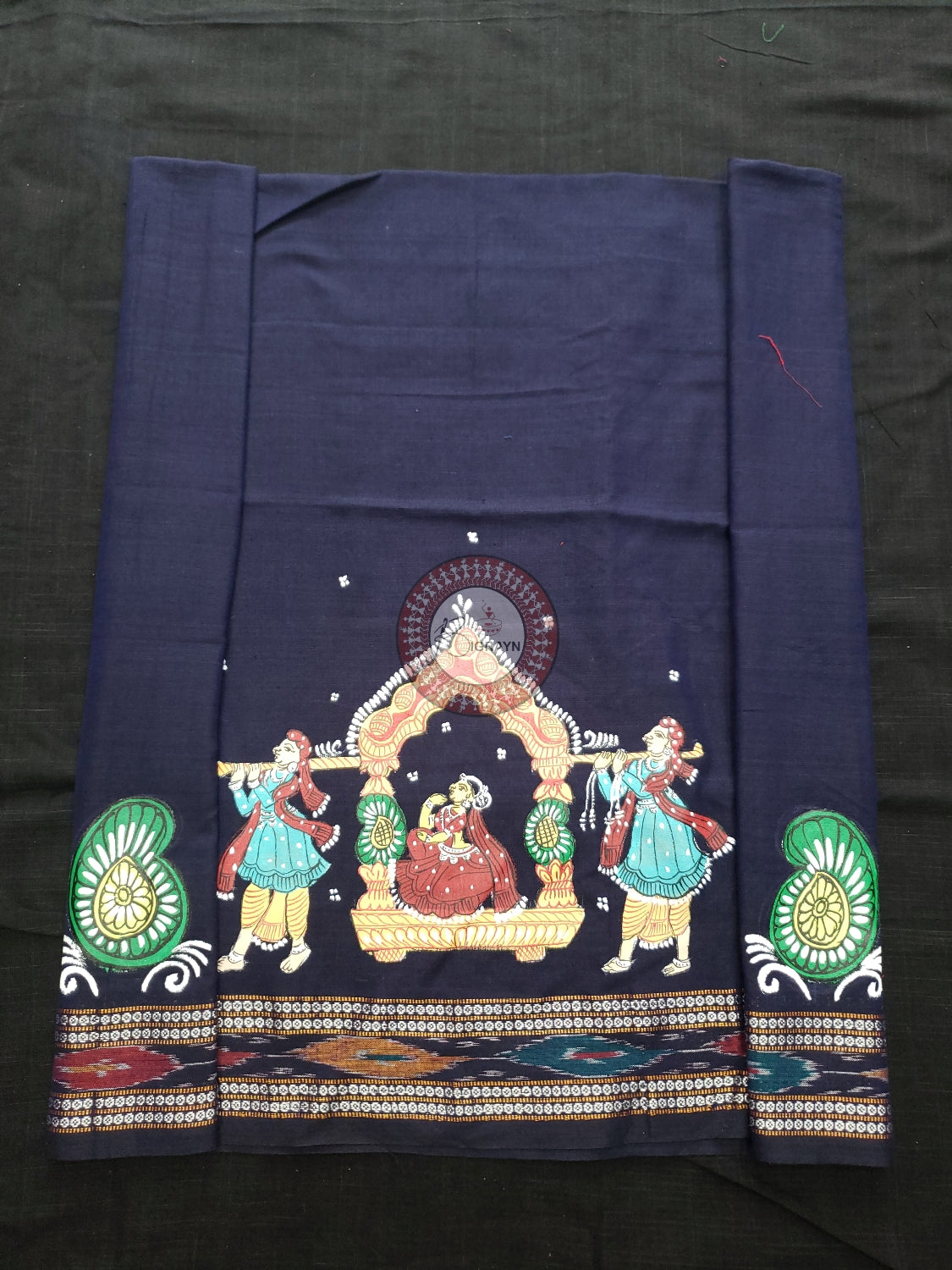 Navy Blue Marriage Theme Pattachitra Cotton Blouse Piece