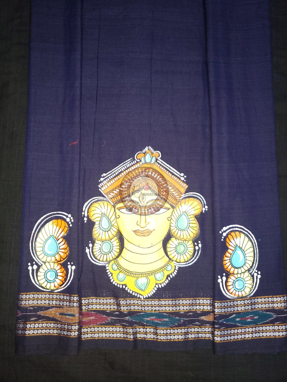 Navy Blue Maa Durga Theme Pattachitra Cotton Blouse Piece