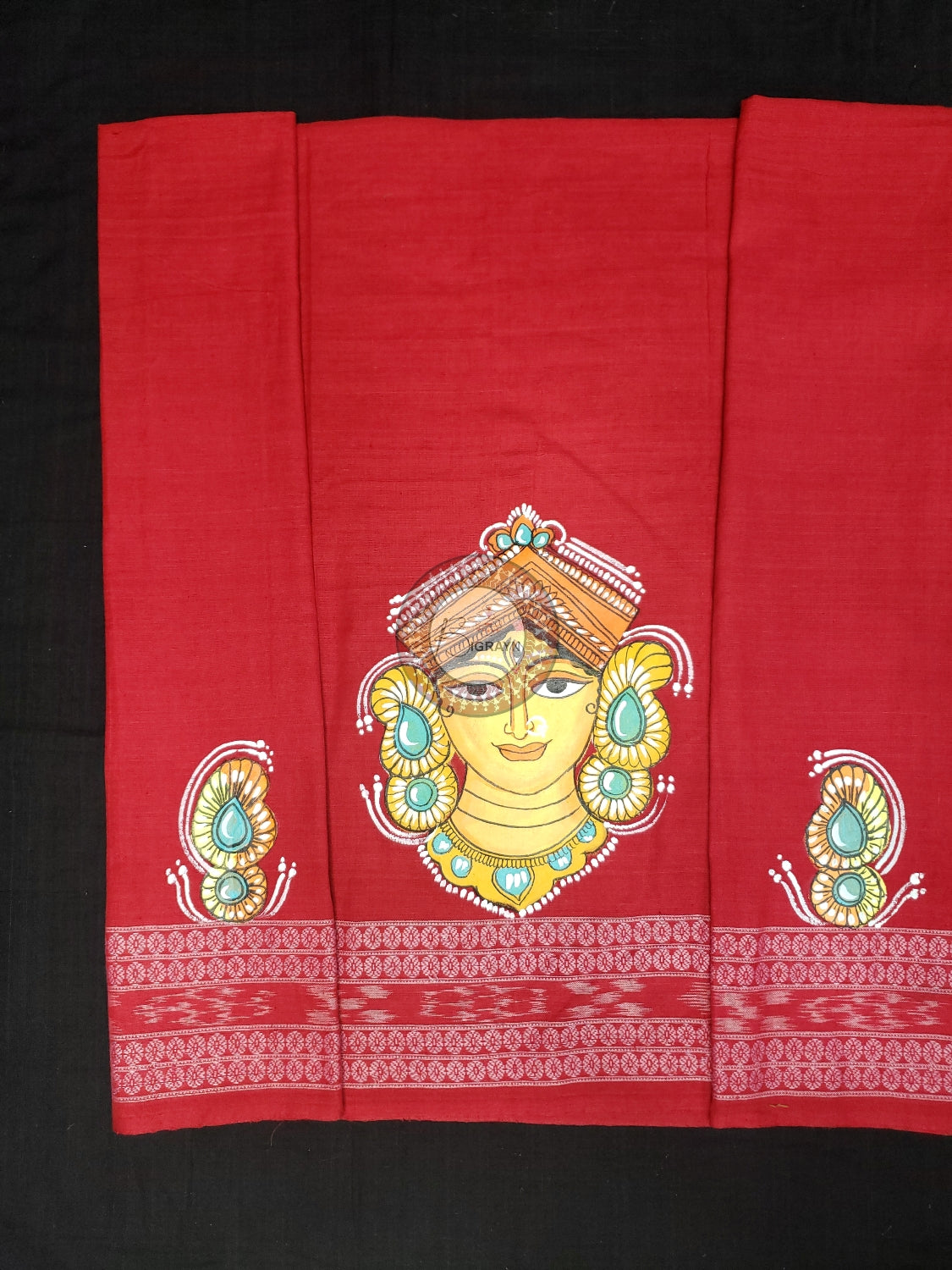Red Maa Durga Theme Pattachitra Cotton Blouse Piece