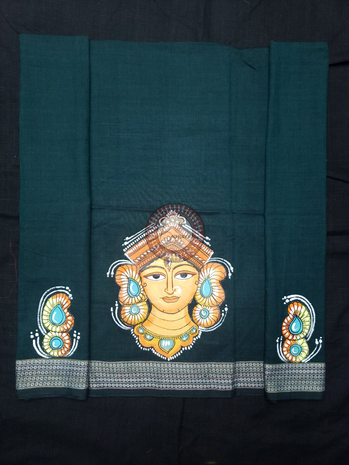 Bottle Green Maa Durga Theme Pattachitra Cotton Blouse Piece