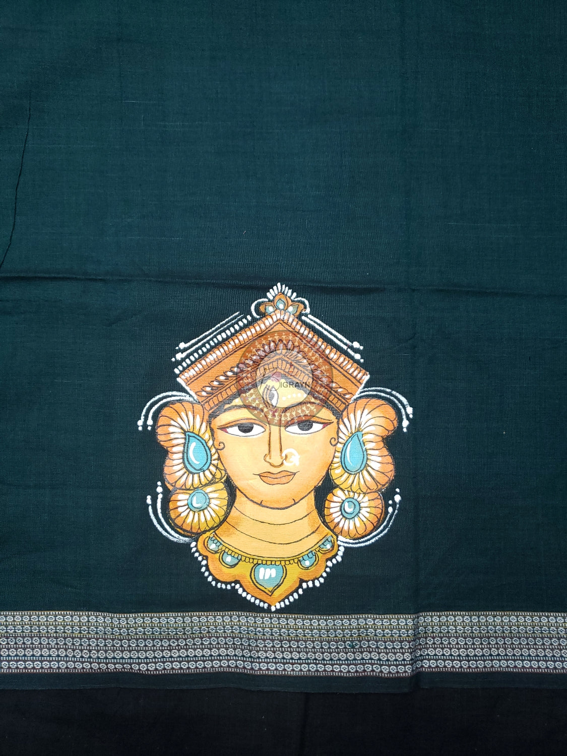 Bottle Green Maa Durga Theme Pattachitra Cotton Blouse Piece