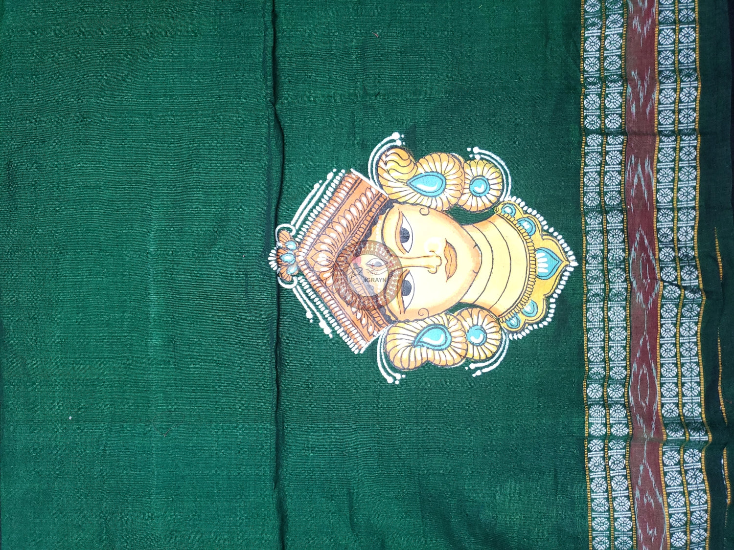 Green Maa Durga Theme Pattachitra Cotton Blouse Piece