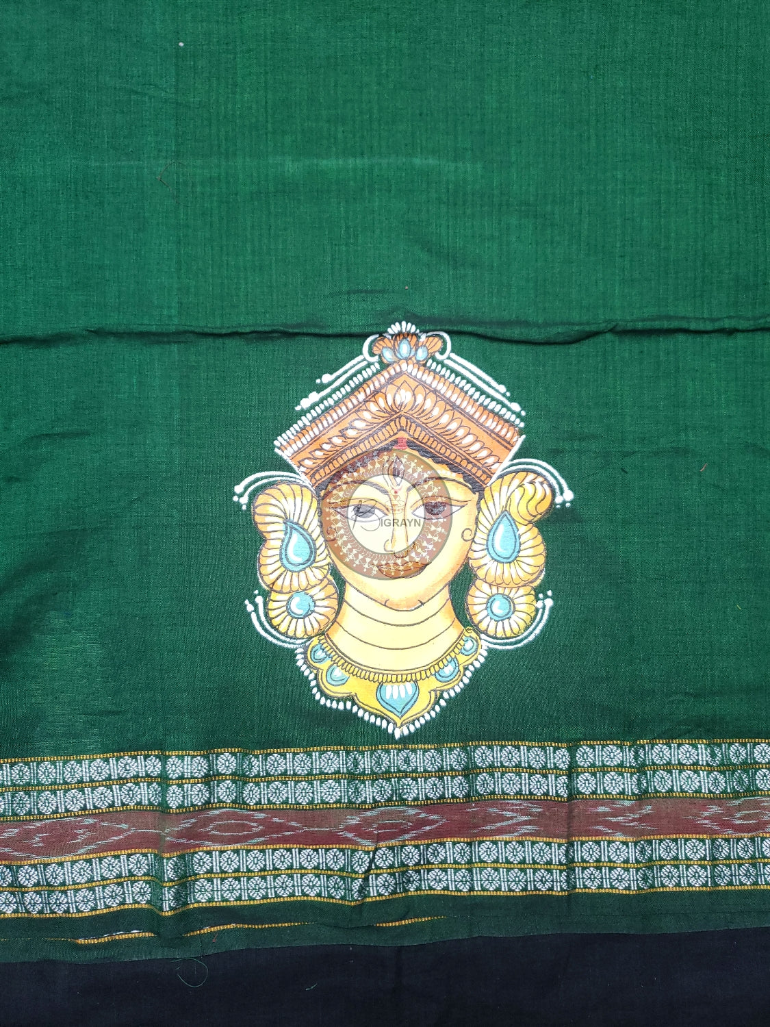 Green Maa Durga Theme Pattachitra Cotton Blouse Piece