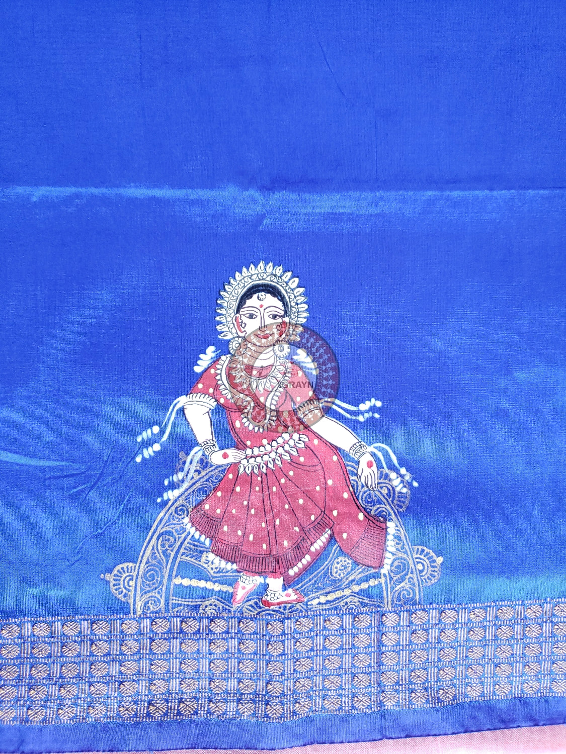 Blue Half Konark And Nartaki Theme Pattachitra Silk Blouse Piece