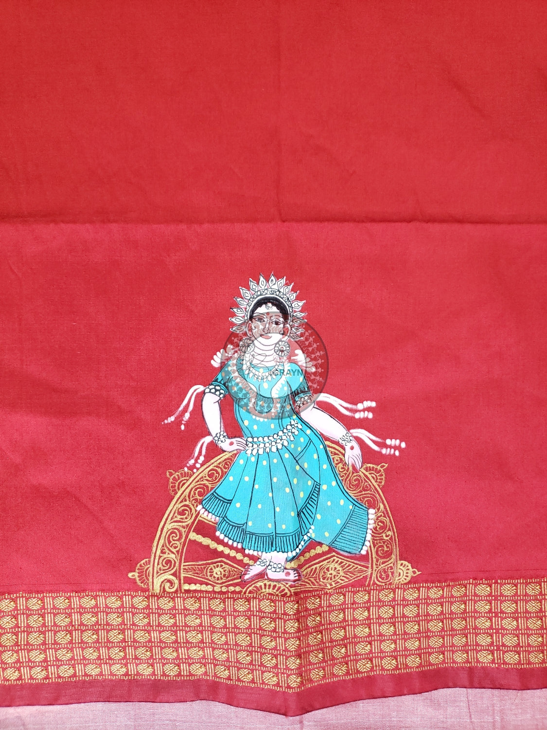 Red Half Konark And Nartaki Theme Pattachitra Silk Blouse Piece