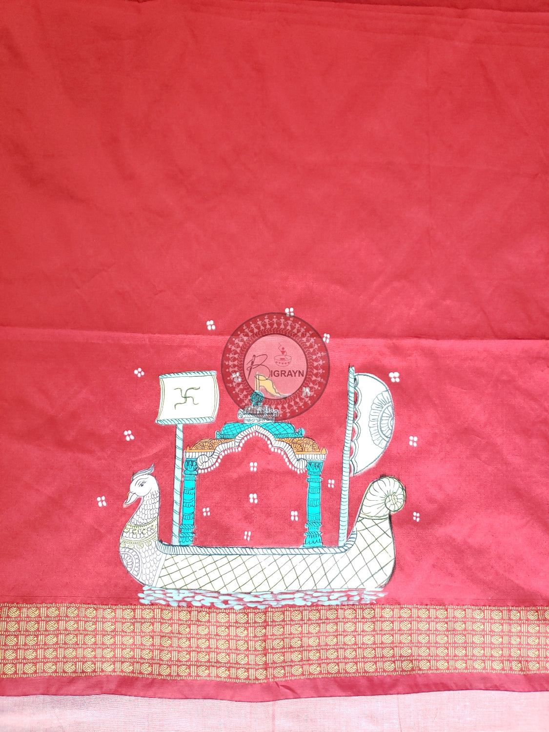 Red Boita Theme Pattachitra Silk Blouse Piece