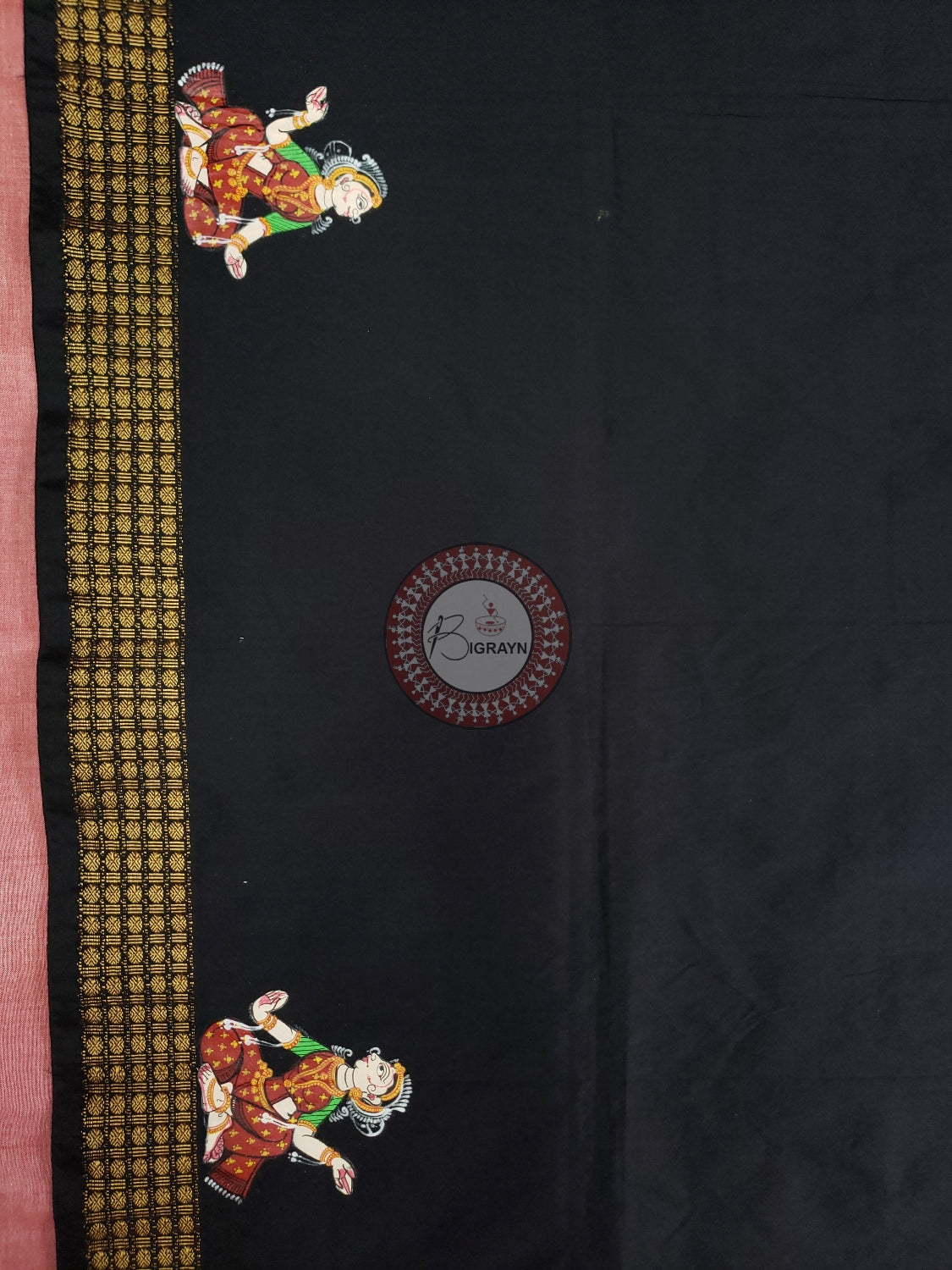 Black Kandrap Hasti Theme Pattachitra Silk Blouse Piece