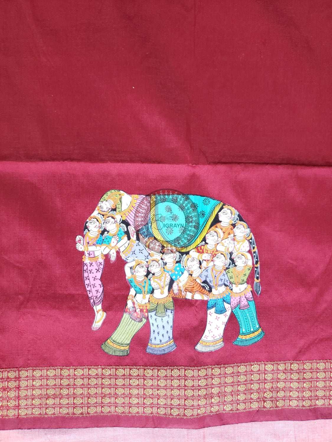 Maroon Kandrap Hasti Theme Pattachitra Silk Blouse Piece